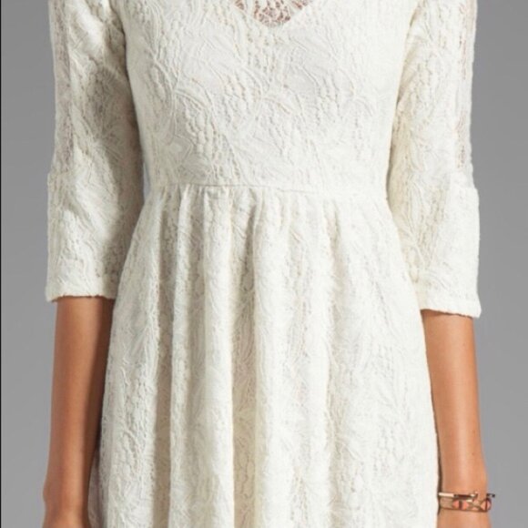 Free People Anthropologie Mini Dress Lace Cream Shake It Up 3/4 Sleeve - Picture 5 of 11